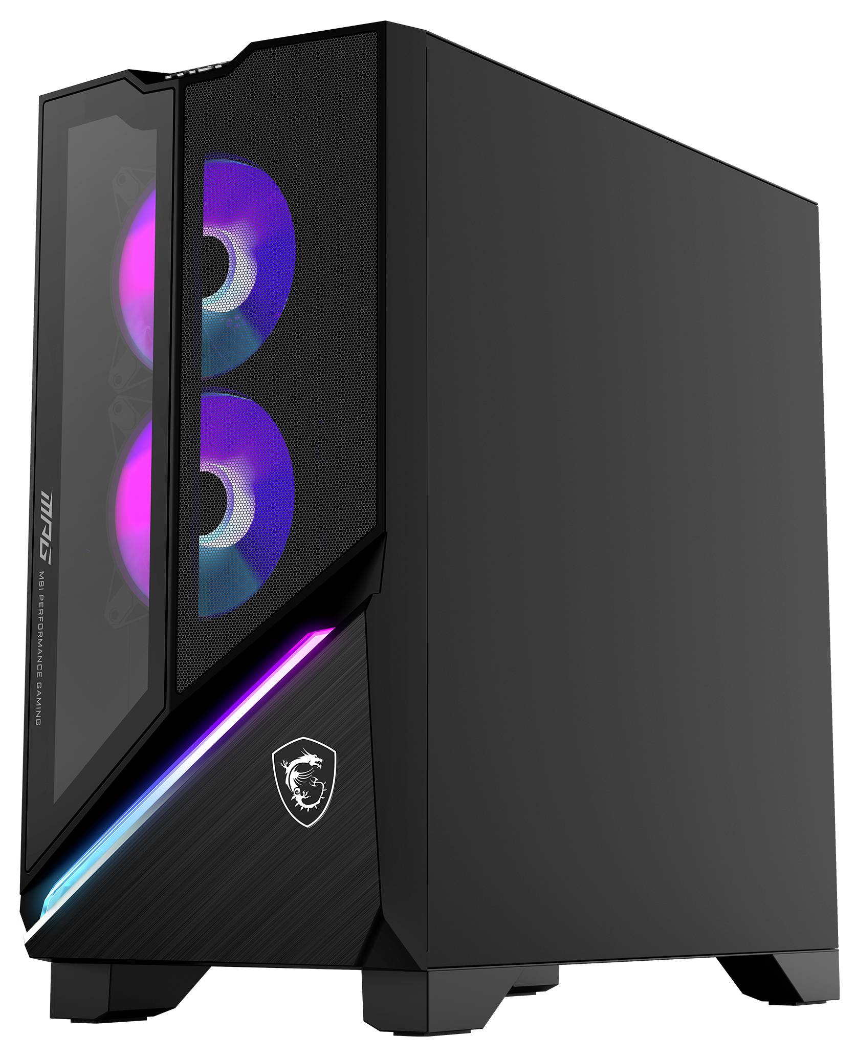Ein schwarzes Computergehäuse mit zwei sichtbaren RGB-beleuchteten Lüftern vorne und beleuchteten Akzenten an der Vorderseite.