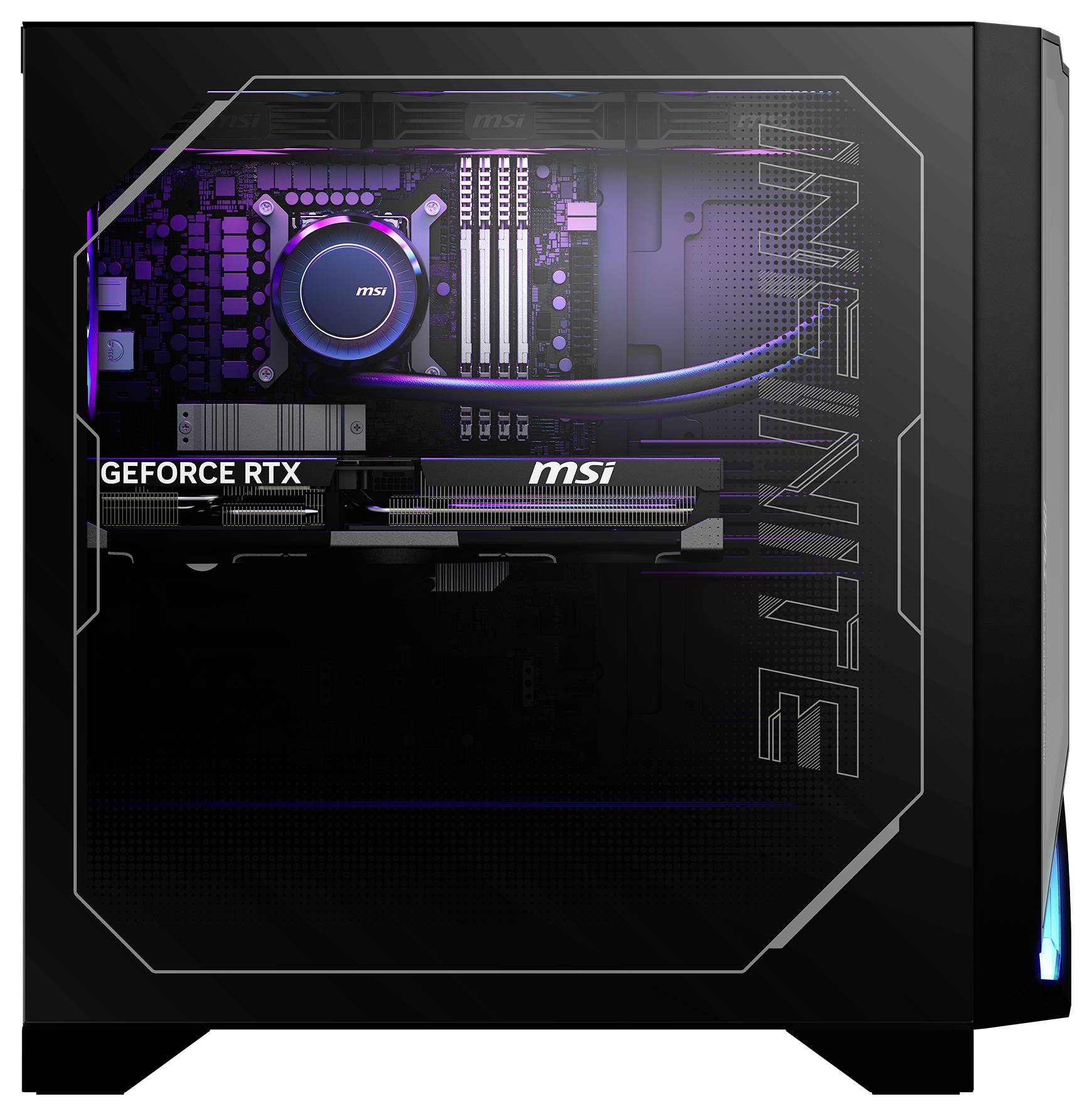 Schwarzer Gaming-PC mit transparentem Seitenfenster. Sichtbar sind der 'MSI'-Prozessor, 'GEFORCE RTX'-Grafikkarte und RGB-Beleuchtung.