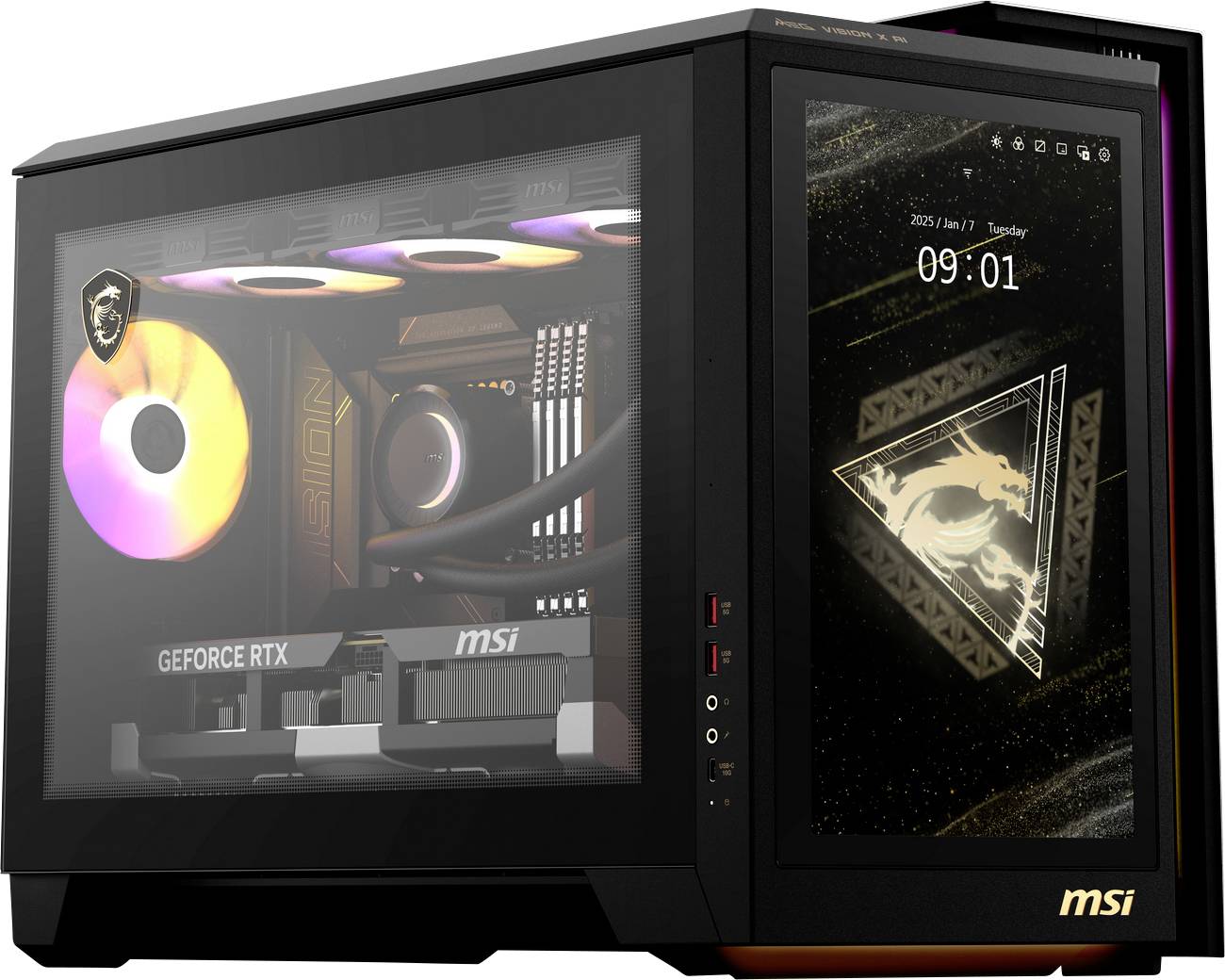 Gaming-PC mit transparentem Gehäuse. Sichtbare Komponenten wie Grafikkarte 'GeForce RTX' und RGB-Lüfter. Seitlicher Bildschirm zeigt Datum und Uhrzeit.