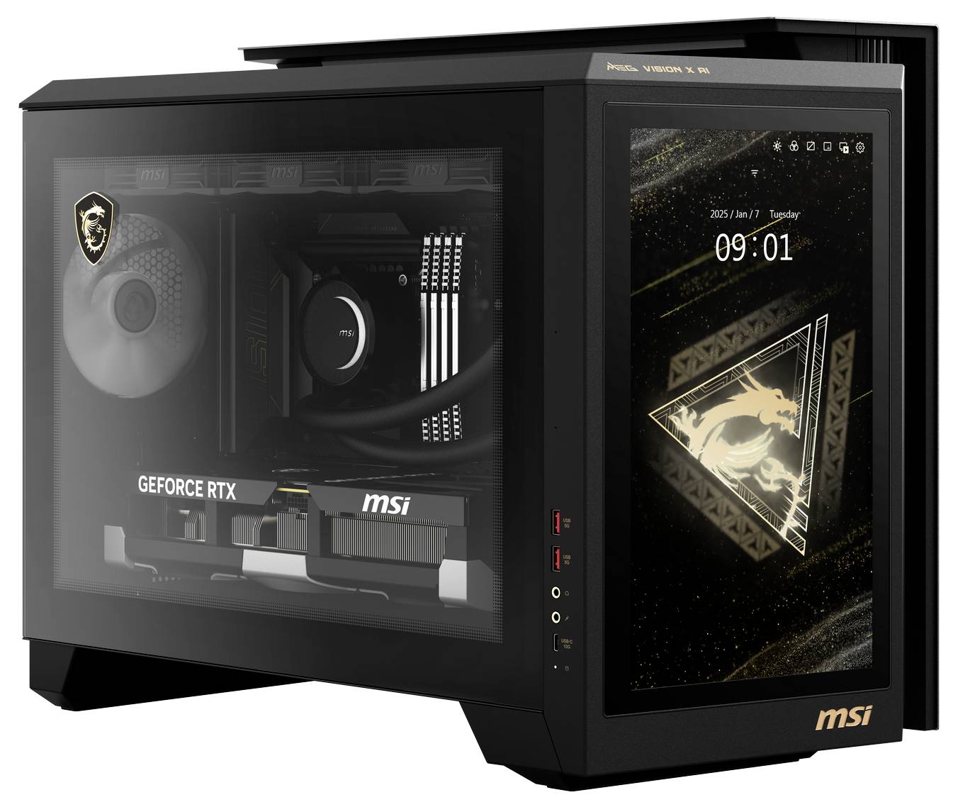Ein MSI Gaming-PC mit sichtbarer GeForce RTX-Grafikkarte und eingeschaltetem Display an der Seite, zeigt die Uhrzeit 09:01.