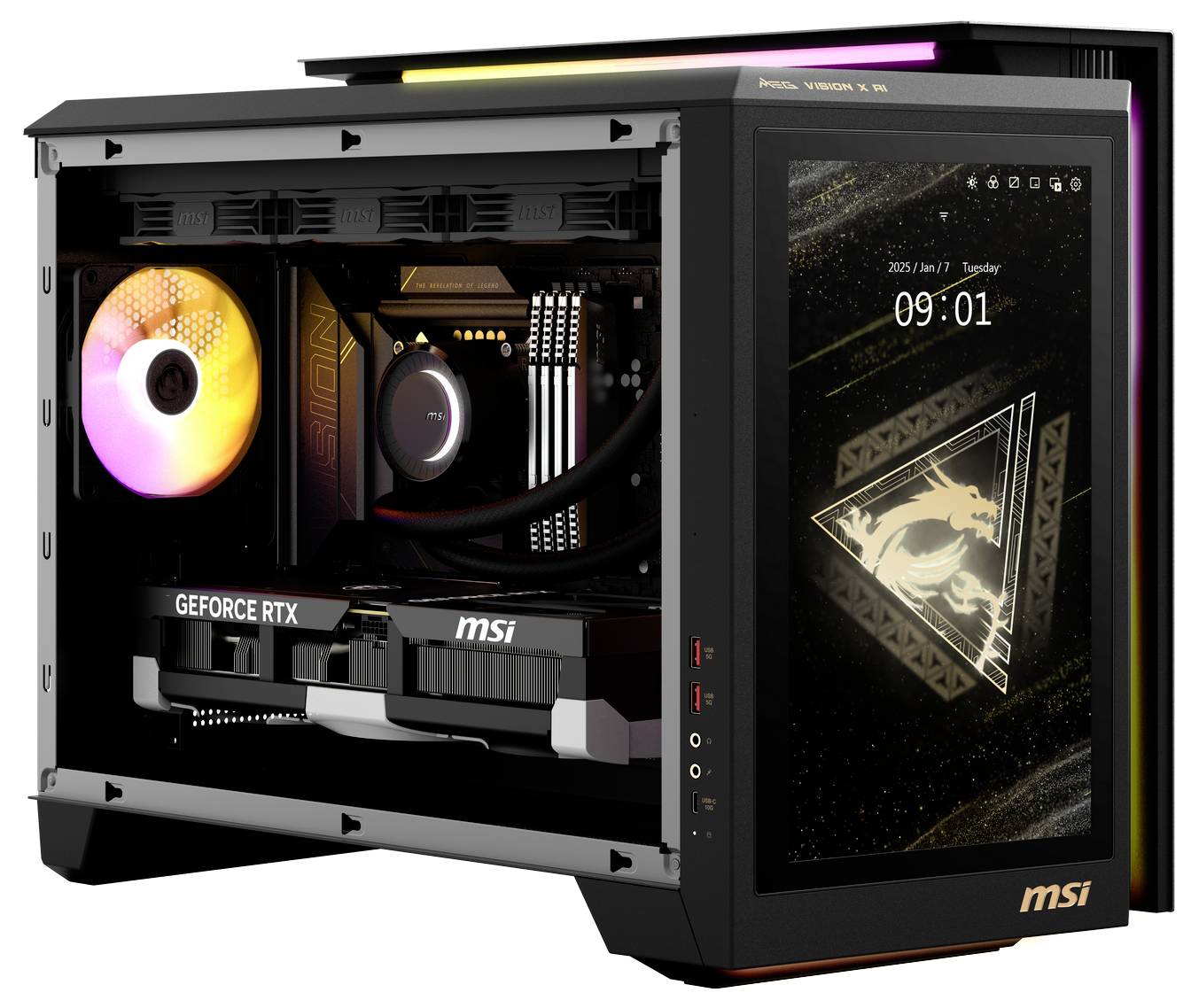 Ein geöffneter Gaming-PC mit sichtbarer Hardware wie einer Geforce RTX-Grafikkarte und RGB-Beleuchtung. Ein Monitor zeigt die Uhrzeit 09:01 an.