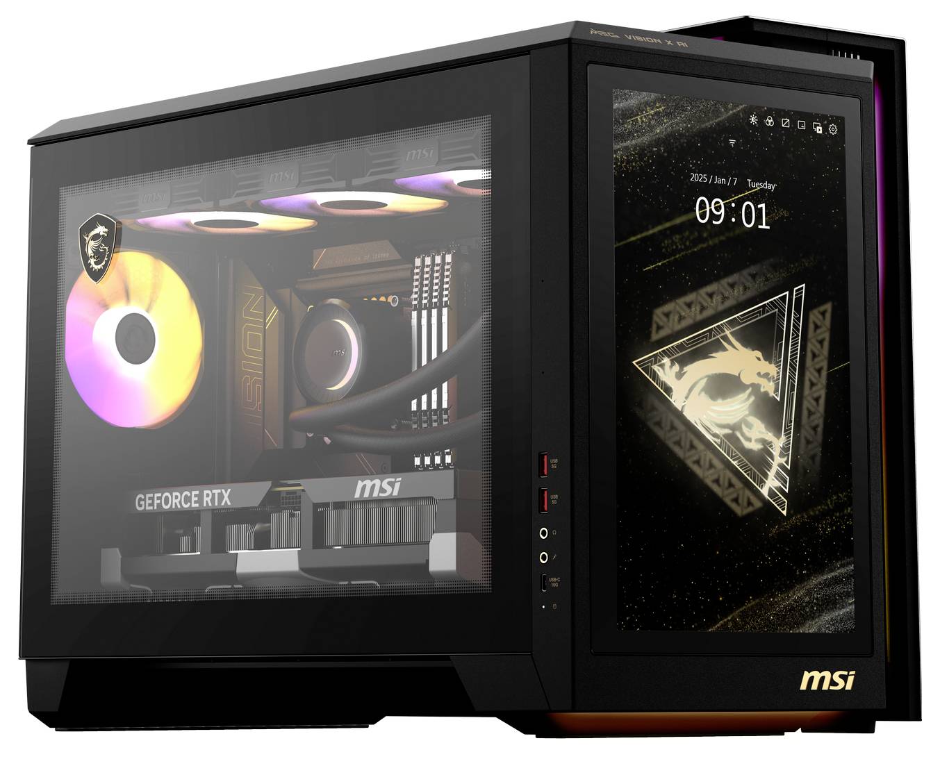 Ein moderner Desktop-PC mit beleuchteter Innenseite und sichtbarer Grafikkarte, Seitenpanel mit Display zeigt Uhrzeit und Datum an.