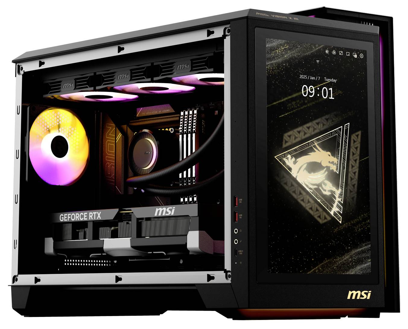 Ein Gaming-PC mit transparentem Gehäuse zeigt RGB-Beleuchtung und MSI-Hardware. Ein seitliches Display zeigt '09:01'.