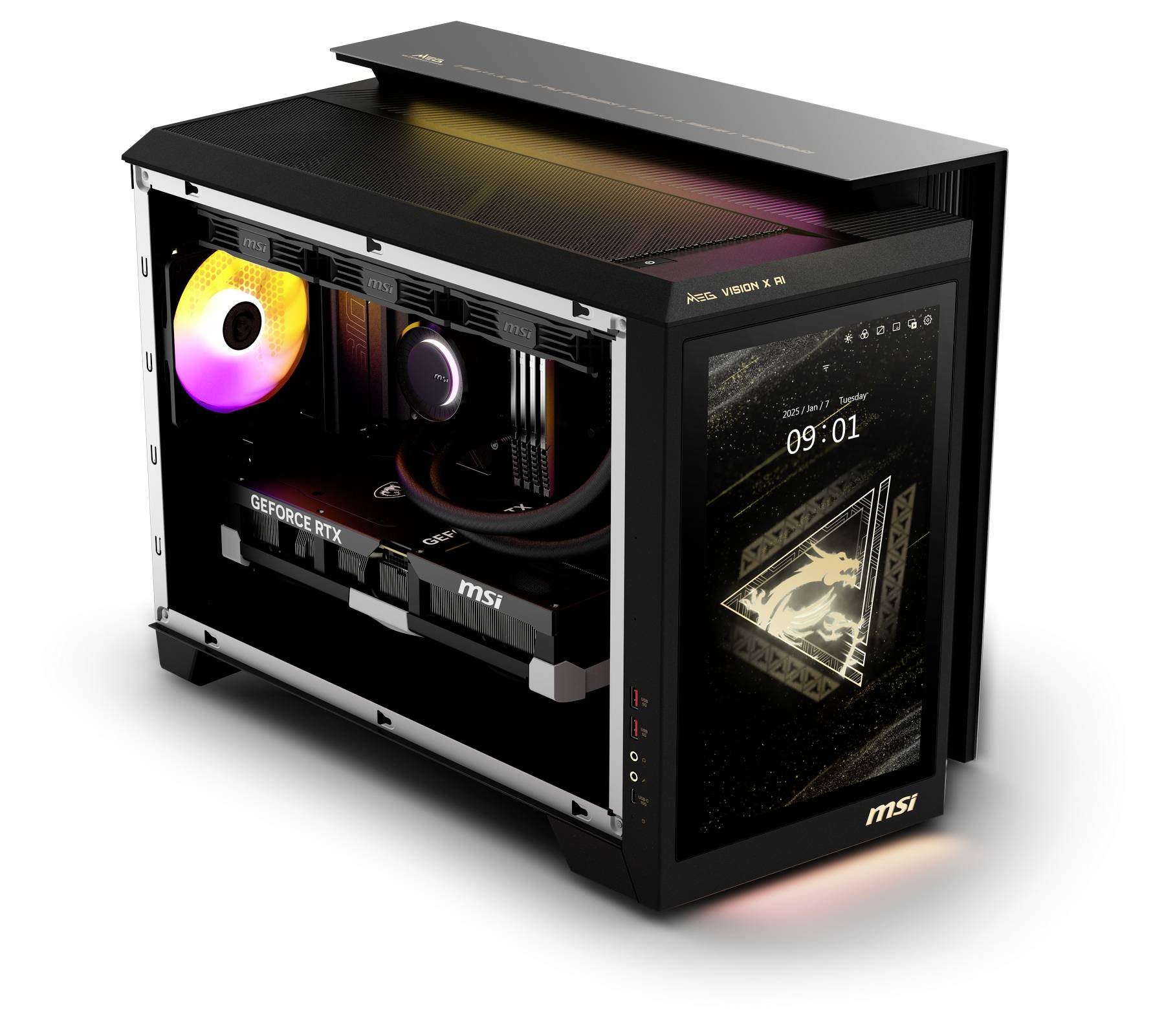 Ein Gaming-PC mit RGB-beleuchtetem Kühler und MSI GeForce RTX-Grafikkarte. Rechts ein seitlicher Bildschirm mit Uhranzeige.