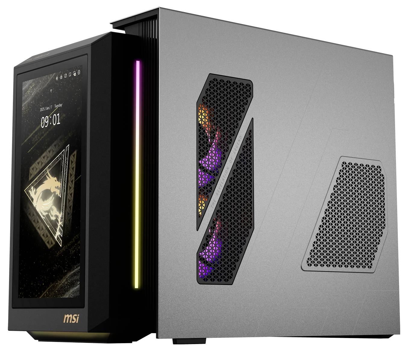 Silbernes Computergehäuse mit LED-Beleuchtung und Glaspanel, zeigt Uhrzeit '09:01' auf einem seitlichen Bildschirm.