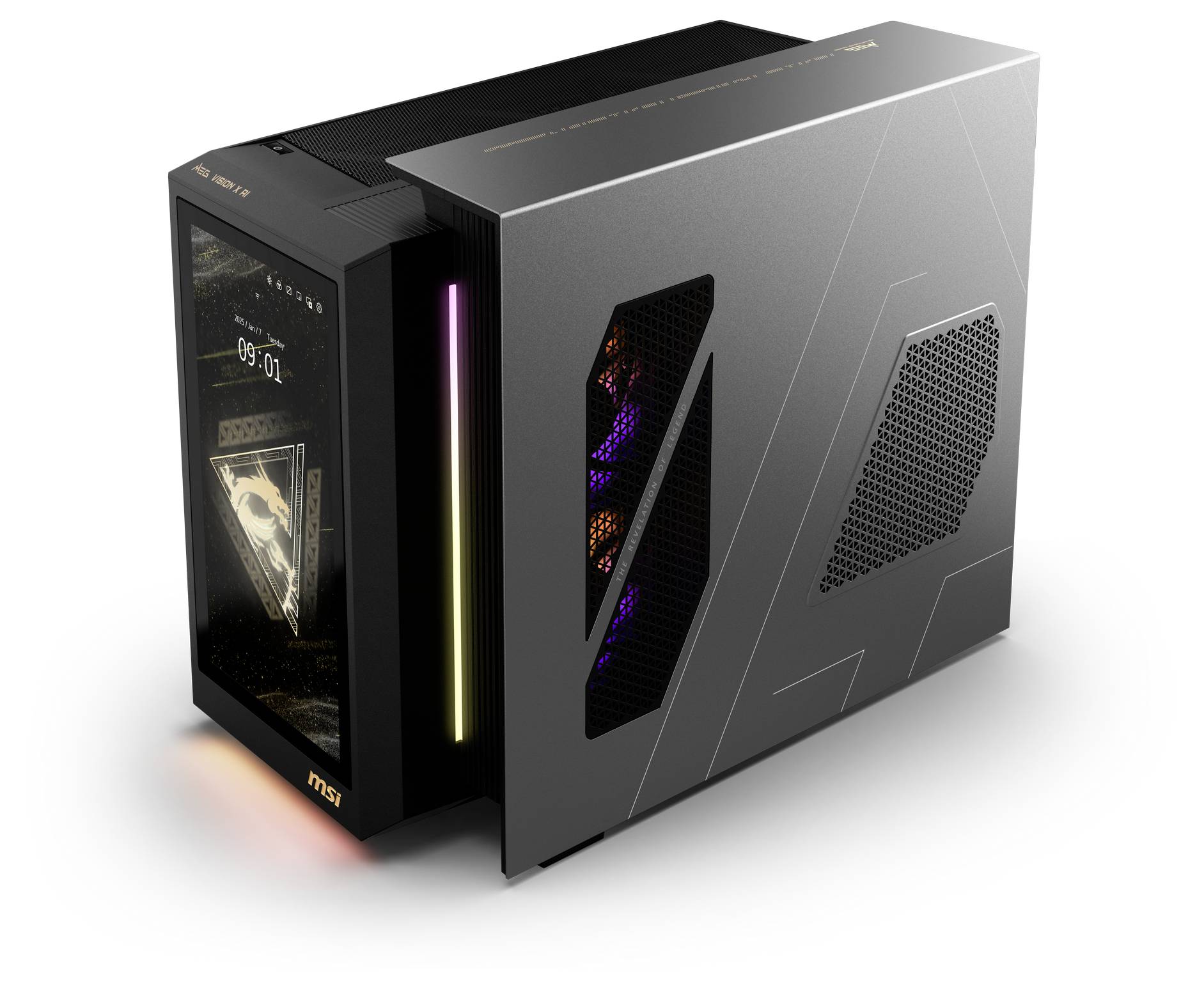 Ein moderner, kompakter Gaming-PC mit spezieller Gehäusebeleuchtung und sichtbaren internen Komponenten in einem stilvollen Gehäuse.