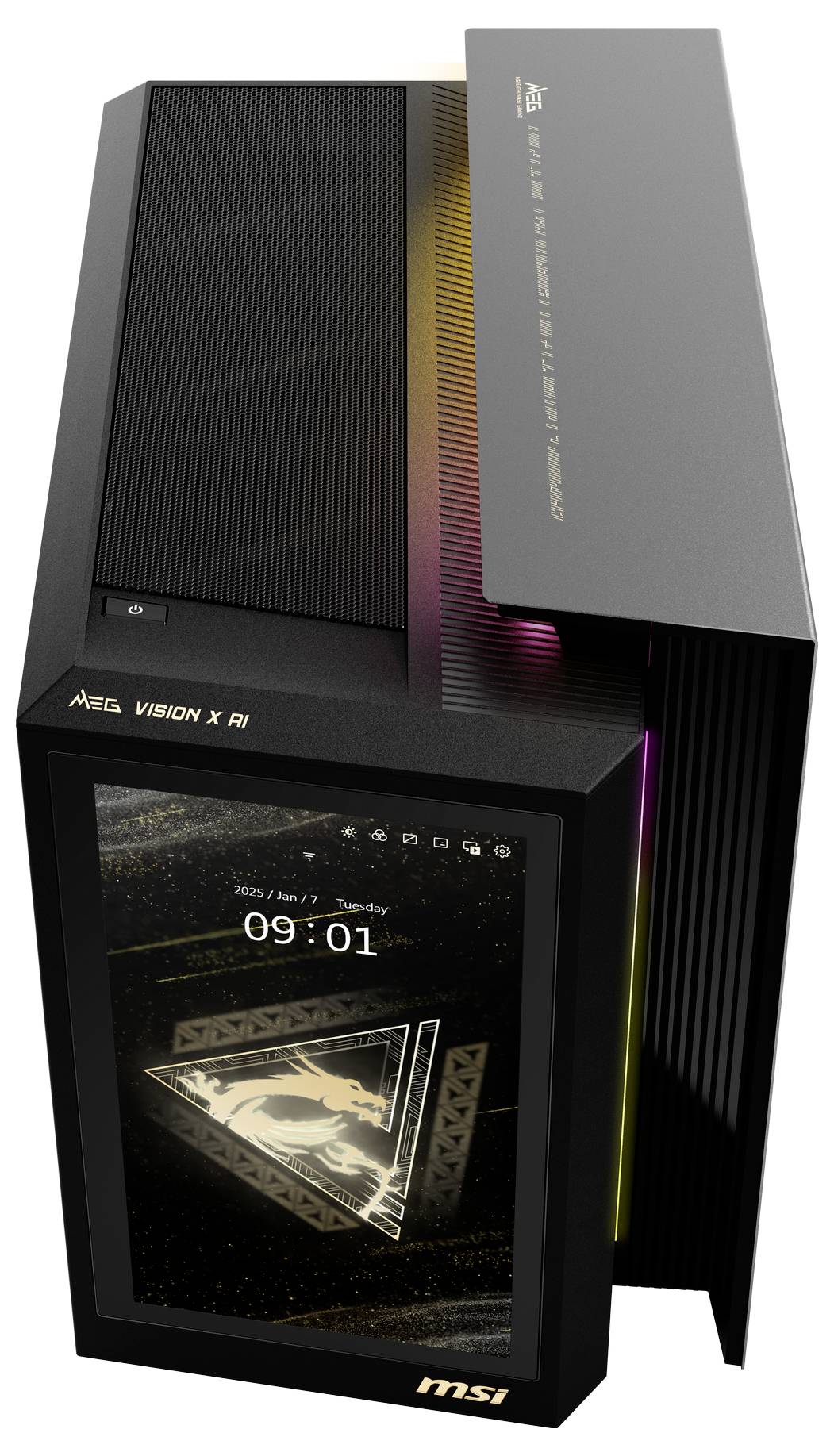 Ein Computergehäuse mit offenem Design zeigt eine digitale Anzeige mit Uhrzeit '09:01'. RGB-Beleuchtung an den Seiten.