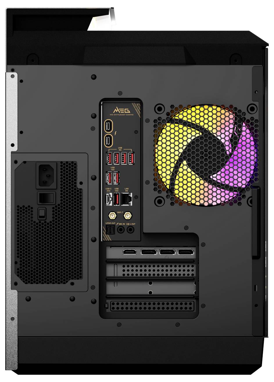 Rückseite eines PCs mit Lüfter und farbigen LED-Lichtern. Verschiedene Anschlüsse sichtbar, darunter USB- und HDMI-Ports.