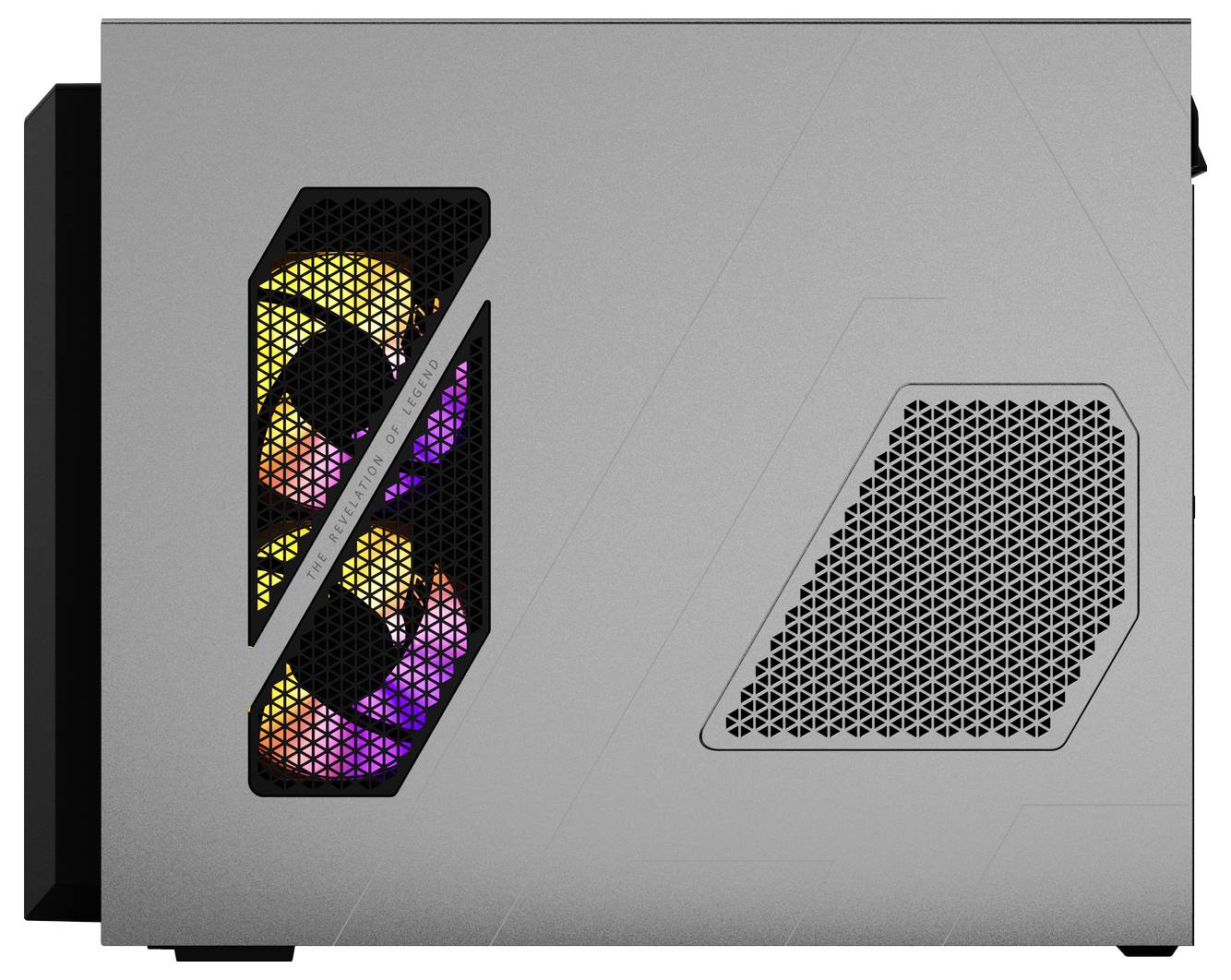 Ein graues Computergehäuse mit seitlicher Lüfteröffnung, durch die bunte LED-Lichter von Lüftern sichtbar sind.