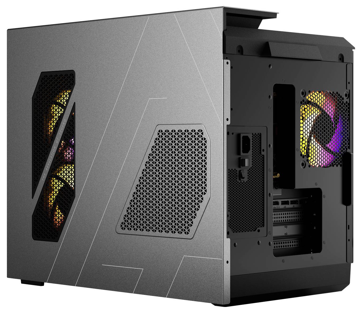 Computer-Gehäuse mit offenen Seiten, sichtbar sind interne Lüfter mit bunten Lichtern. Ventilationsöffnungen an den Seiten.