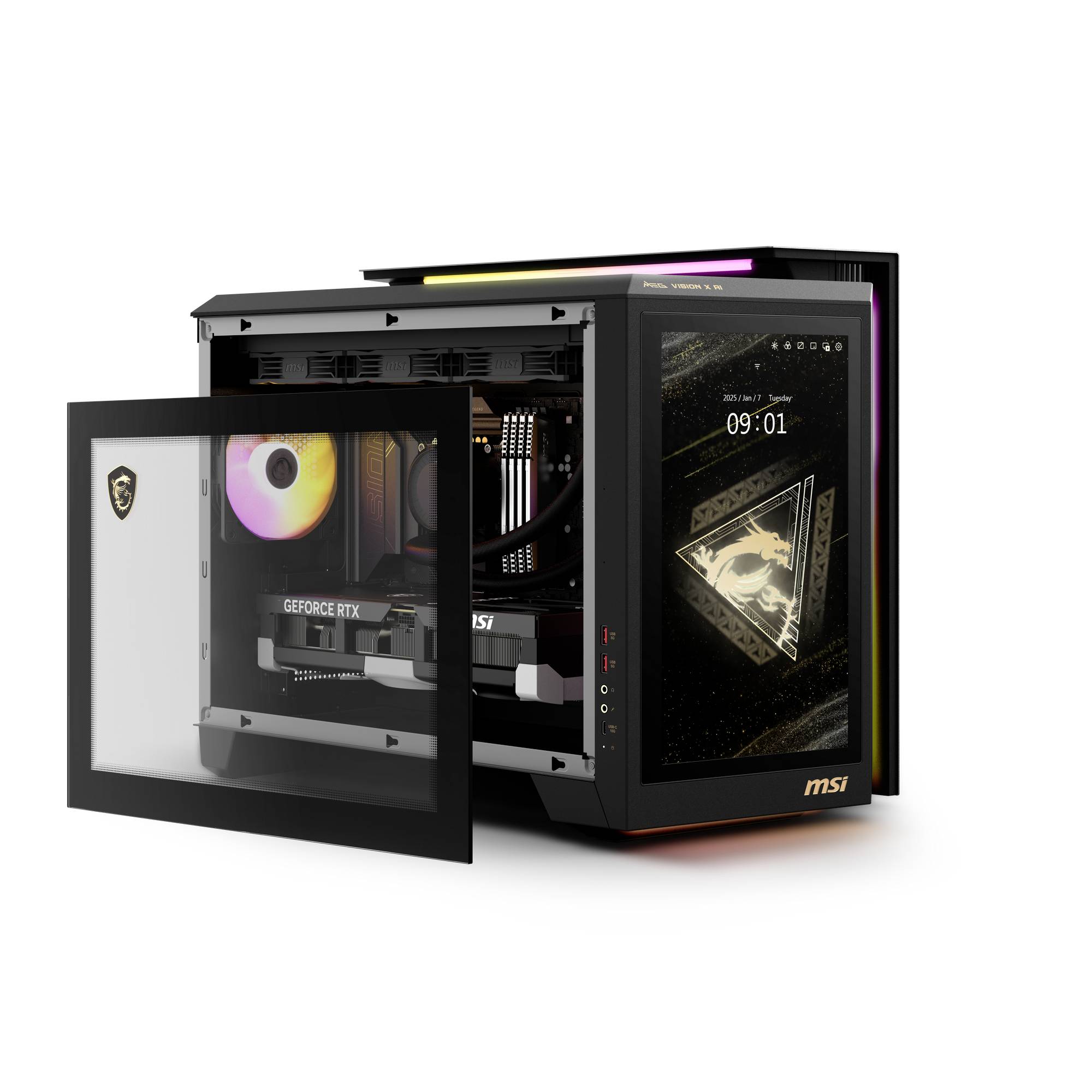 Hochleistungs-PC mit geöffnetem Gehäuse. Sichtbar sind eine Grafikkarte, Lüfter und ein beleuchtetes Mainboard. Ein Display zeigt '09:01'.