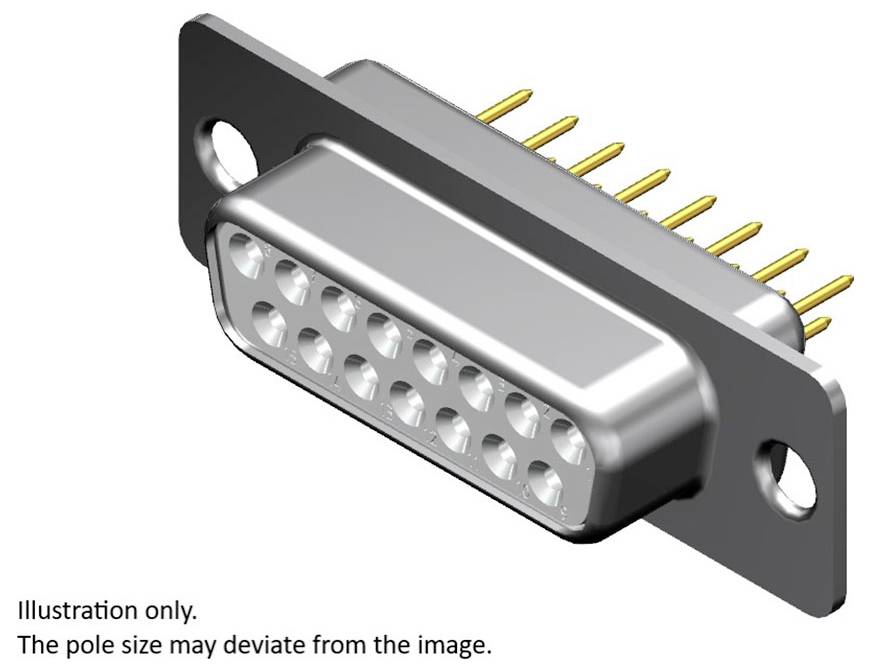 Stecker mit 9 Pins, rechteckig, metallisch, mit zwei Befestigungslöchern. Text darunter: 'Illustration only. The pole size may deviate from the image.'