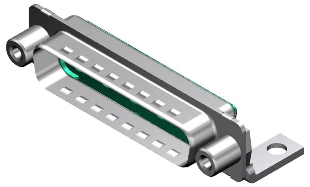 Eine 3D-Darstellung eines Metall-D-Sub-Steckers mit einer Halterung, die verschiedene Stifte für Elektronikgeräteverbindungen zeigt.