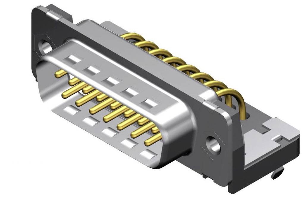 Ein D-Sub-Stecker mit Metallgehäuse und mehreren goldenen Pins, oft für elektronische Verbindungen in Computern und Geräten verwendet.