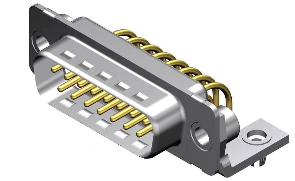 Ein silberfarbener Stecker mit goldenen Pins, verbreitet in elektronischen Geräten zur Datenübertragung.