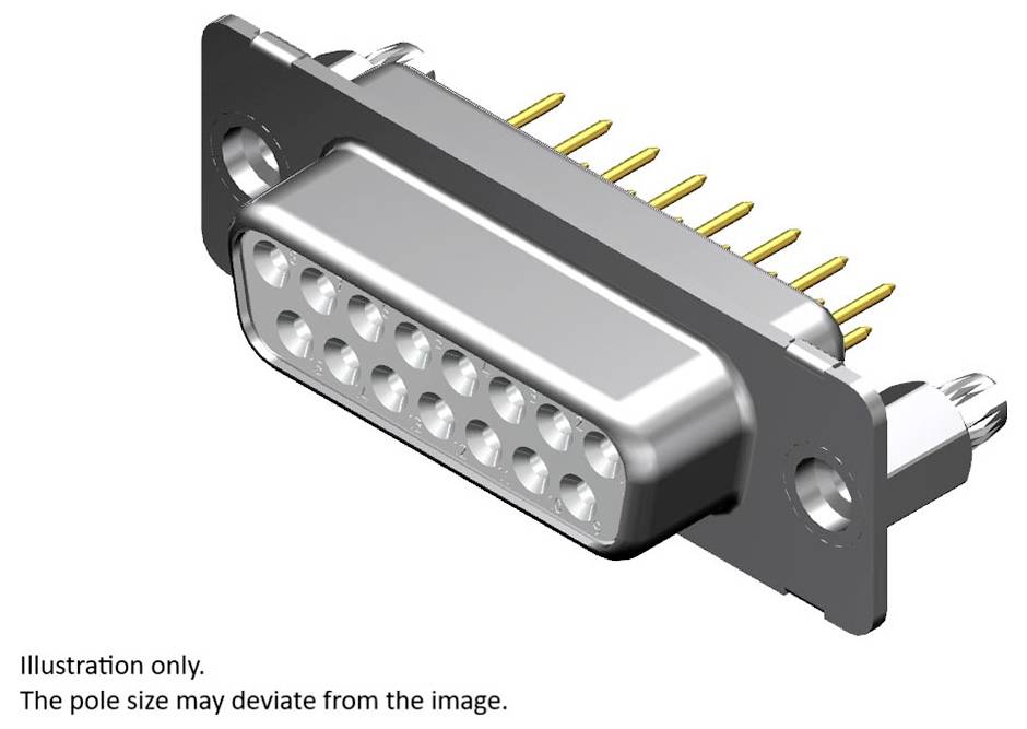 9-poliger D-Sub Stecker, metallisch, seitlich Ansicht mit sichtbaren goldenen Stiften und Befestigungslöchern. Hinweis: Abbildung kann abweichen.