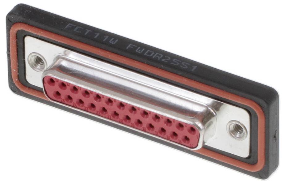 Nahaufnahme eines roten Steckverbinders mit mehreren Pins, eingefasst in ein rechteckiges, metallisches Gehäuse mit Schraubmöglichkeiten.