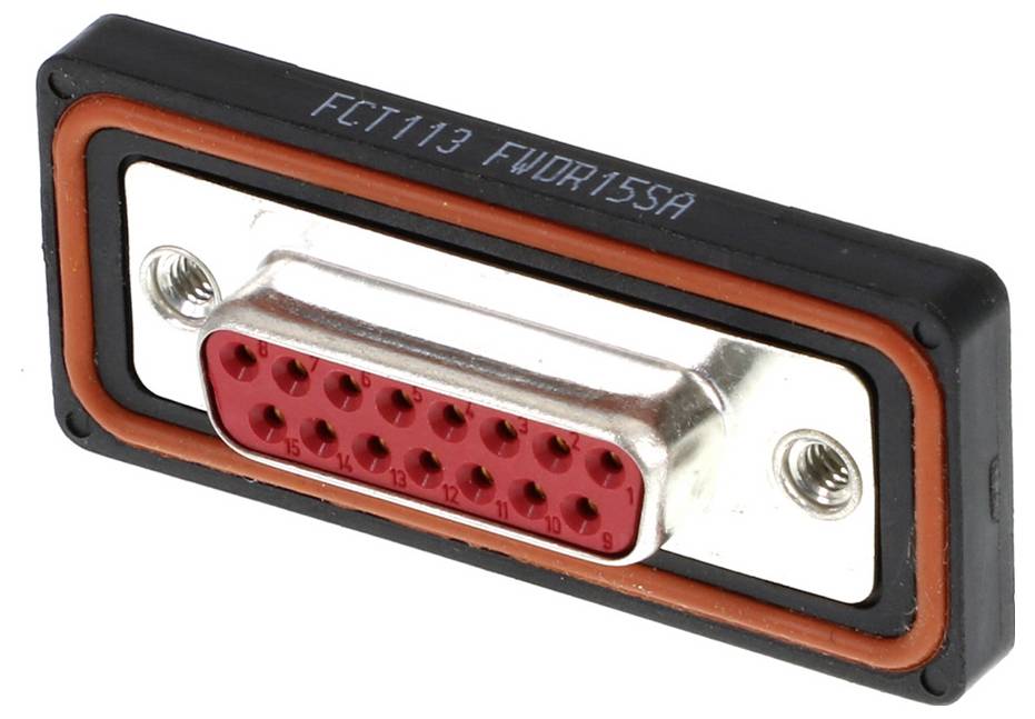 Ein Rechteck-Stecker mit rotem Einsatz, mehreren Kontakten und schwarzem Gehäuserand. Text oben lautet 'FCT113 FVD15SA'.