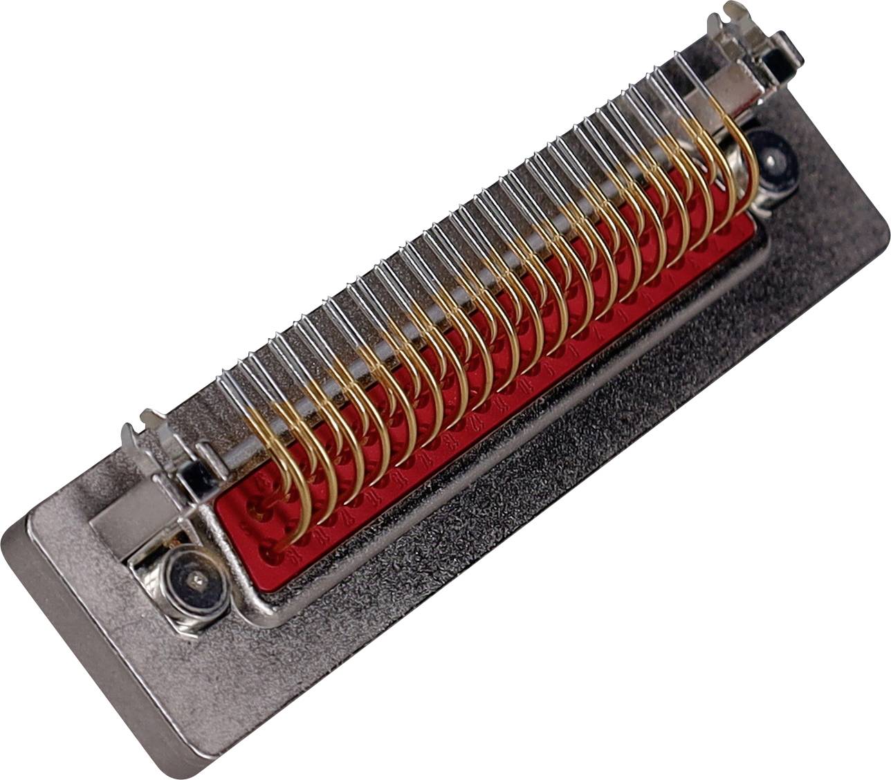 Ein Metall-Elektroverbinder mit mehreren Goldstiften, die in zwei Reihen auf einer rechteckigen Basis ausgerichtet sind und zur Datenübertragung verwendet werden.