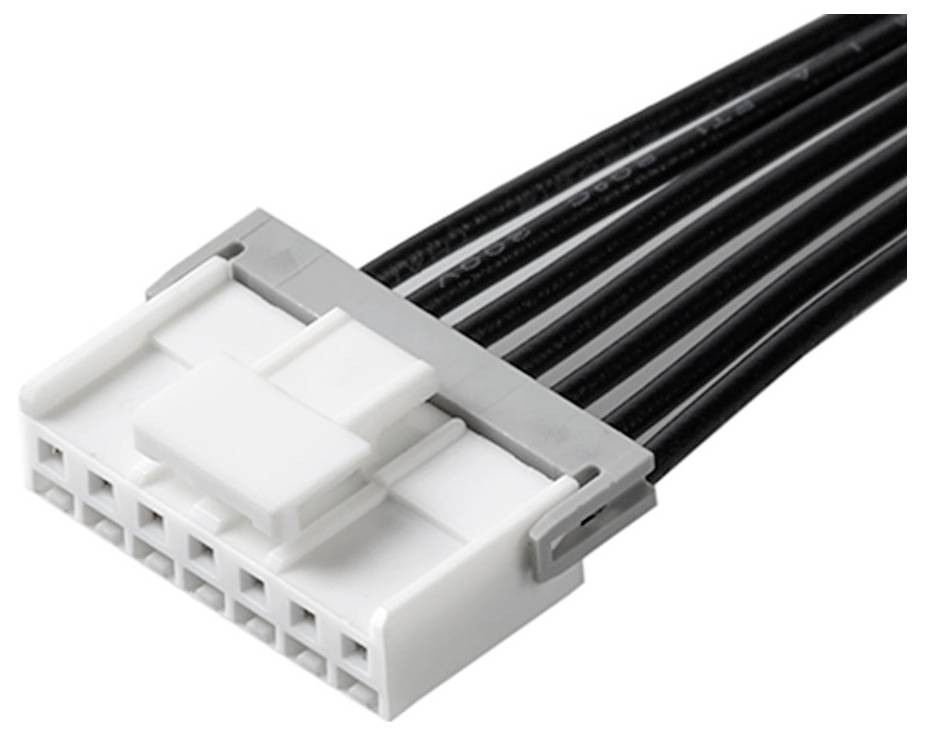 Ein weißer, rechteckiger Elektrostecker mit mehreren angeschlossenen schwarzen Drähten, der zum Verbinden von Komponenten in elektronischen Geräten verwendet wird.