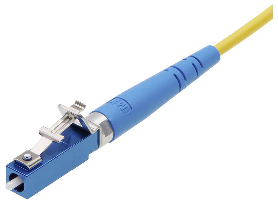 Ein blau-gelbes Glasfaser-Patchkabel mit einem LC-Stecker. Hauptsächlich verwendet für schnelle Internet- und Datenverbindungen.