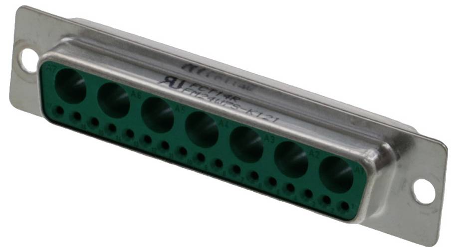 Metallischer Stecker mit grünen Buchsen, geeignet für elektronische Verbindungen. Rechteckige Form mit Schraublöchern an den Seiten.