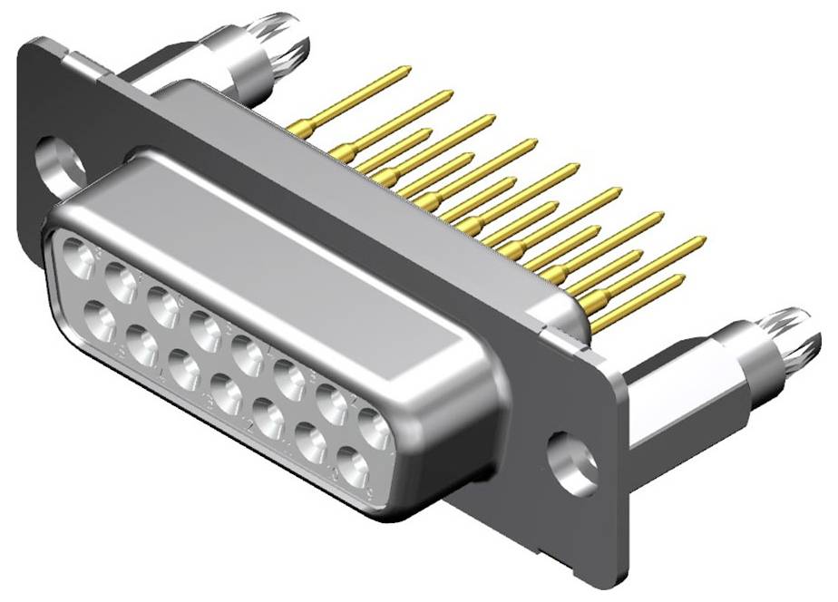 D-Sub-Stecker mit Metallgehäuse und mehreren goldenen Stiften, die zur Verbindung von elektronischen Geräten dienen.