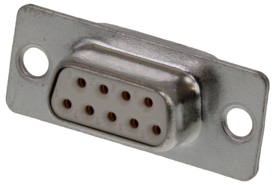 Ein silberfarbener 9-poliger D-Sub-Stecker mit zwei Befestigungslöchern, verwendet für serielle Verbindungen in elektronischen Geräten.