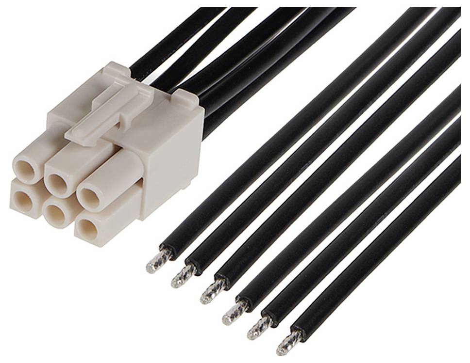 Ein weißer elektrischer Steckverbinder mit sechs schwarzen Kabeln.
