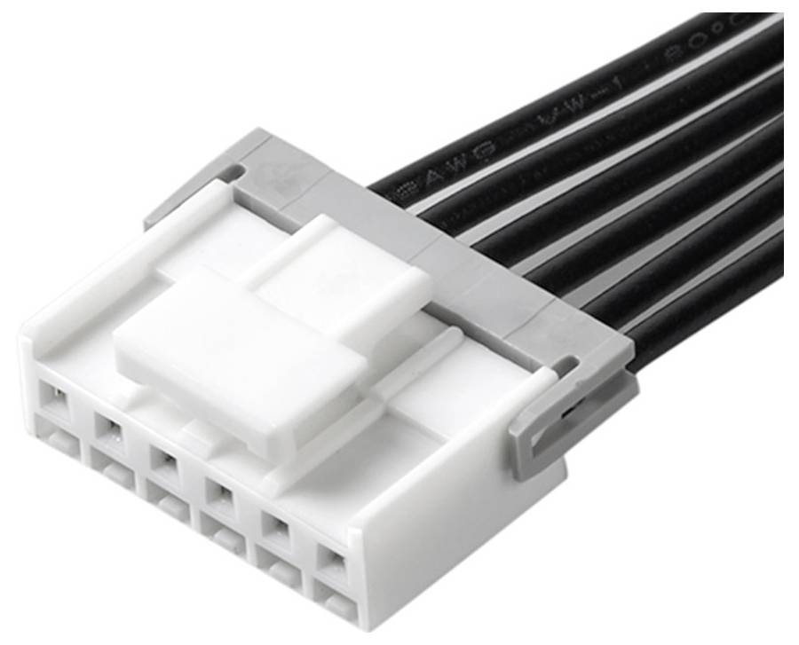 Ein weißer elektrischer Stecker mit mehreren schwarzen Kabeln ist aus nächster Nähe abgebildet.