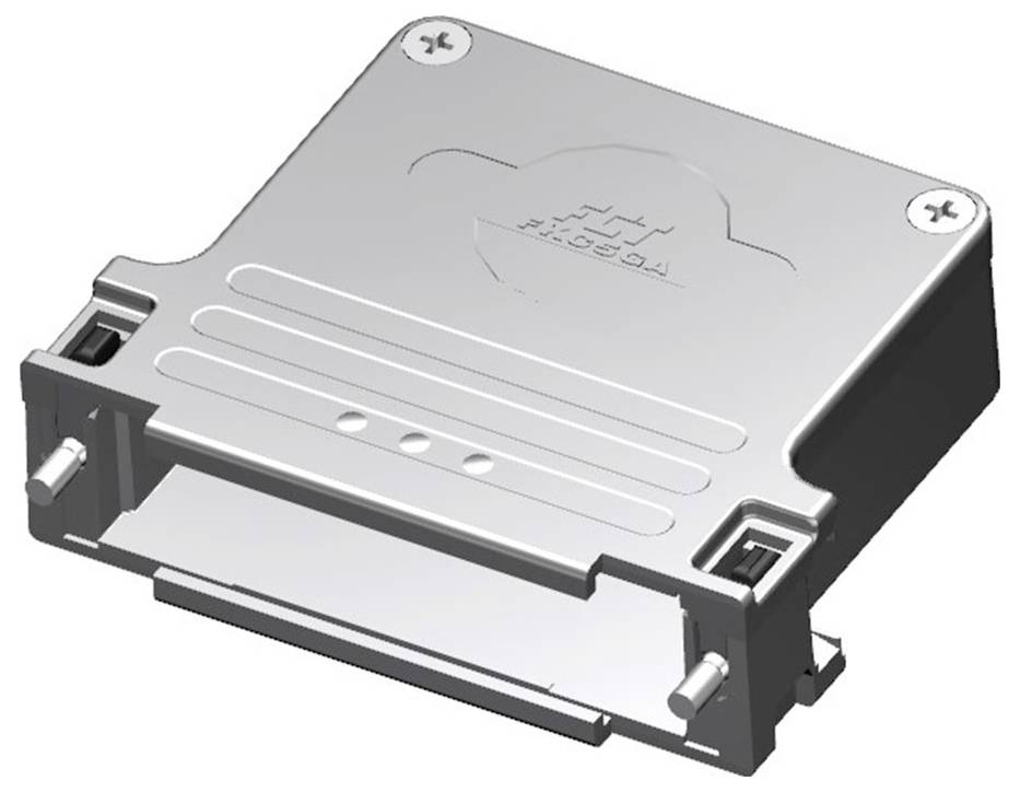 Ein silbernes elektronisches Bauteilgehäuse mit Schrauben in den Ecken, Lüftungsschlitzen und einem erhabenen Logo oben.