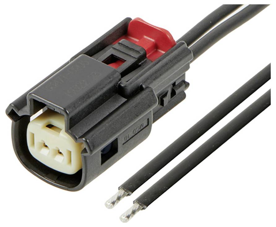 Zweipoliger elektrischer Steckverbinder mit schwarzem Gehäuse und zwei offenen Kabelenden. Verwendet zur sicheren Verbindung in Geräten.