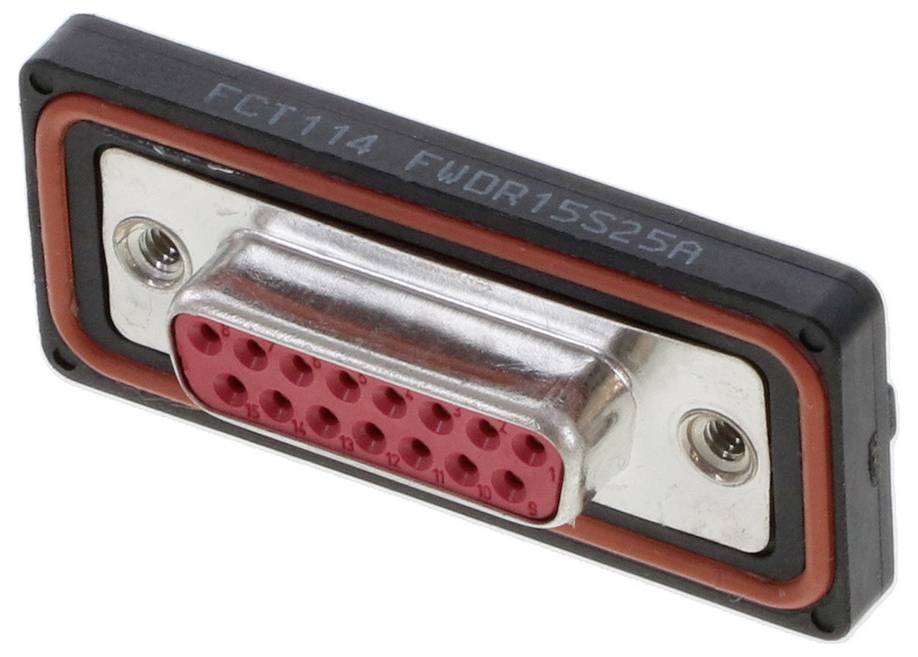 Ein rechteckiger Steckverbinder mit rotem Innengehäuse und 15 weiblichen Pins. Außen liegt ein schwarzer und oranger Rahmen.