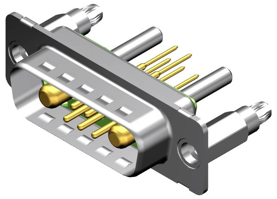 Ein silberner D-Sub-Stecker mit neun goldenen Pins, typischerweise verwendet für serielle Verbindungen in elektronischen Geräten.
