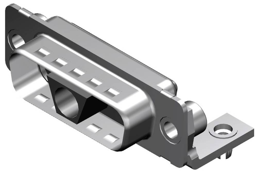 Ein metallisches Scharnier oder Teil eines mechanischen Geräts in Silberoptik, dargestellt aus einem schrägen Winkel.
