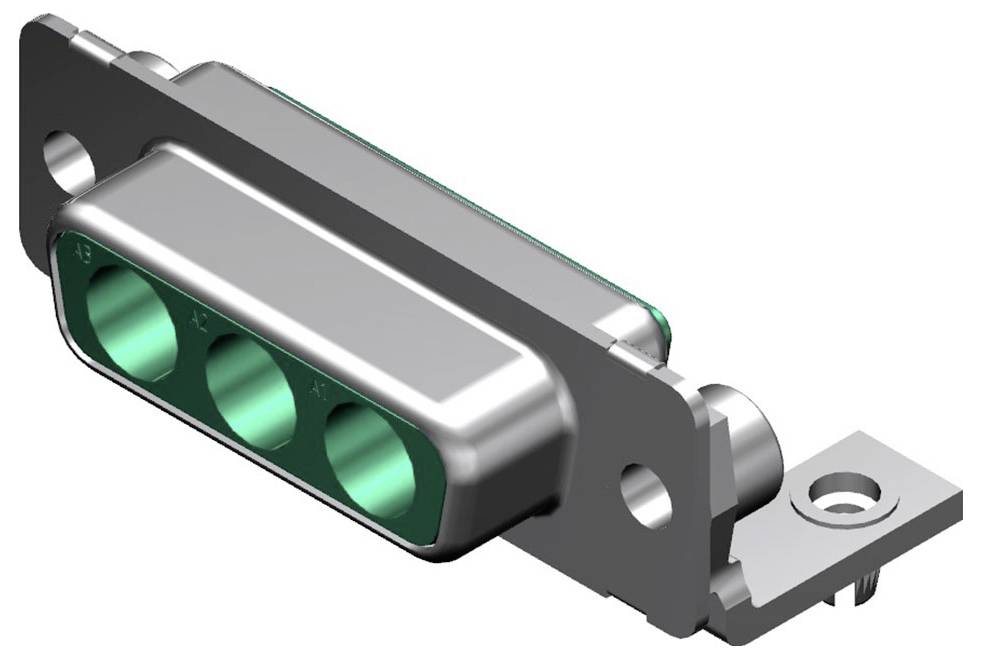 Metallischer Steckverbinder mit drei grünen Kontaktbuchsen. Verfügt über Montagelöcher zur Befestigung. Quadratische Basis rechts.