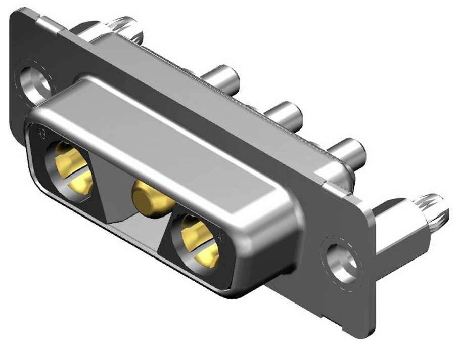Metall-Steckverbinder mit zwei gelben Kontakten und vier Befestigungselementen. Geeignet für elektronische Verbindungen.