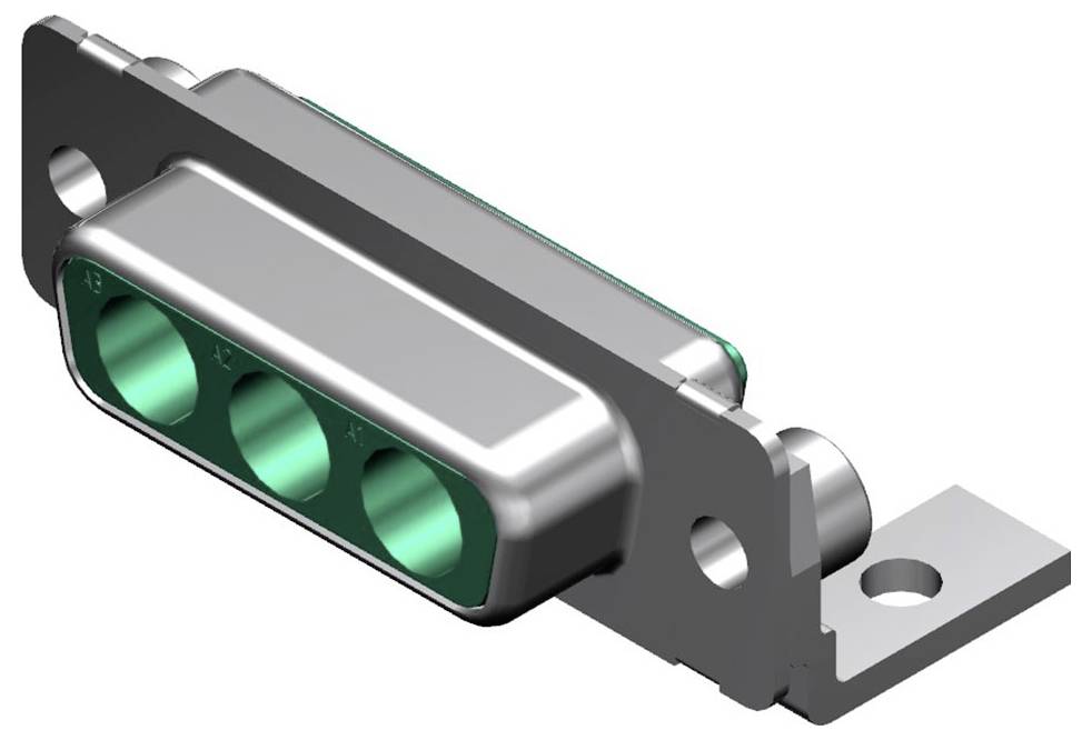 Ein silberner Metallstecker mit drei grünen Buchsen, geeignet für elektrische Verbindungen, auf einem weißen Hintergrund.