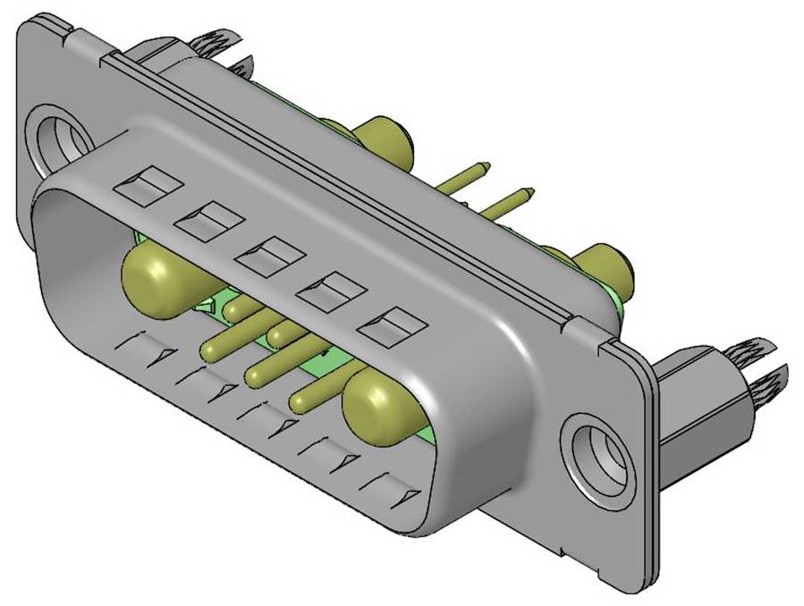 Ein 3D-Modell eines D-Sub-Steckers mit geöffneter Buchse und sichtbaren Pins, verwendet für Datenübertragung in Elektronikgeräten.