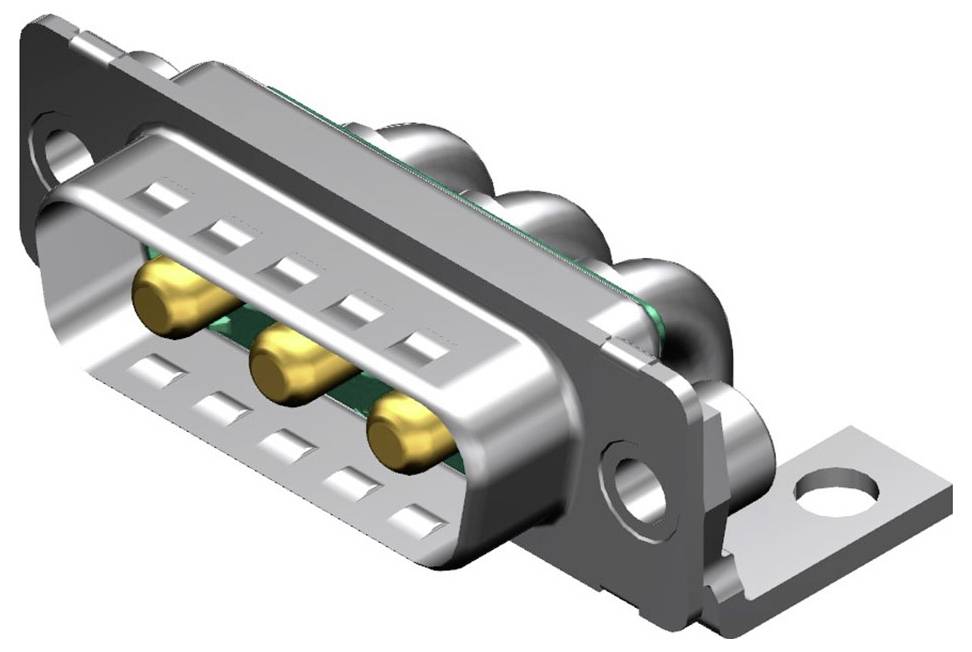 Elektrischer Steckverbinder mit drei goldenen Kontaktstiften in einem rechteckigen Metallgehäuse, seitliche Befestigungslasche.
