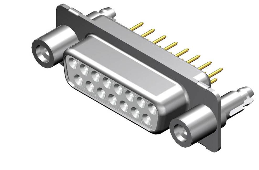 Ein silberner, rechteckiger D-Sub-Stecker mit Stiften ist abgebildet, seitlich ragen Schraubgewinde hervor.