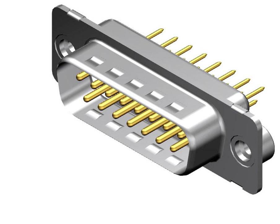 Ein DB25-Stecker mit 25 goldenen Stiften, montiert auf einer metallischen Basis. Häufig verwendet für serielle Verbindungen.