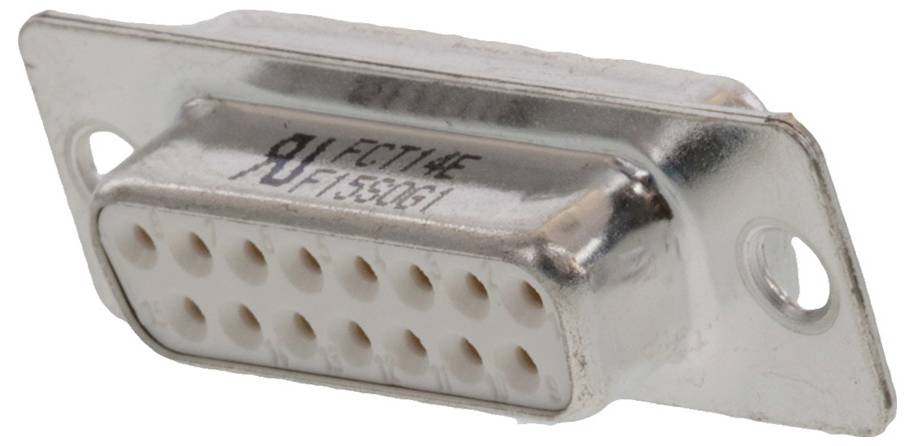 Ein metallischer D-Sub-Stecker mit mehreren Kontaktstiften ist abgebildet, geeignet für Computer- oder elektronische Verbindungen.