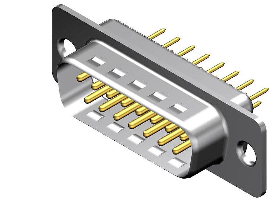Ein DB-25-Stecker mit 25 vergoldeten Pins und zwei Befestigungslöchern. Typisch für serielle Datenübertragung in Computern.