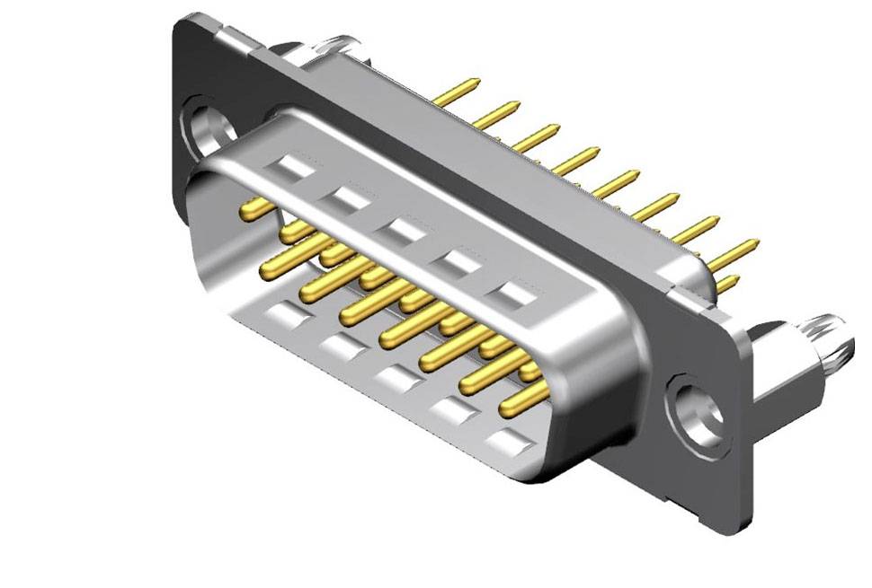 Ein Metallstecker mit mehreren goldenen Pins, typischerweise für elektronische Verbindungen verwendet.