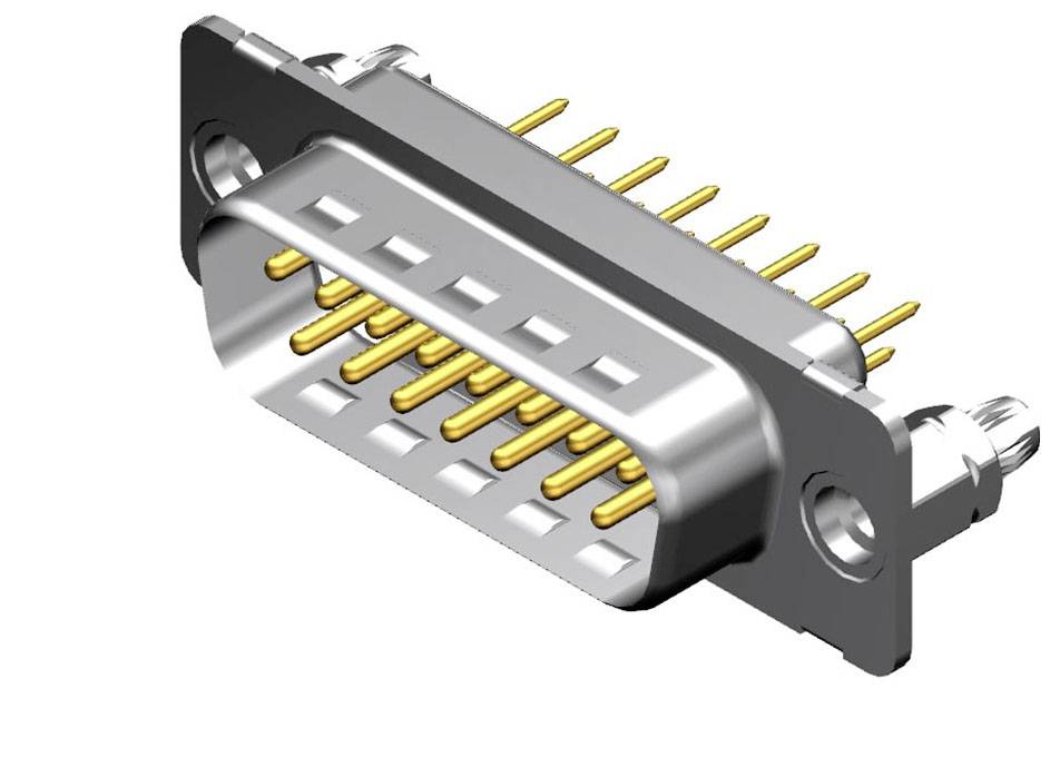 Ein rechteckiger Stecker mit goldenen Stiften und einem metallischen Gehäuse. Geeignet für elektronische Verbindungen.