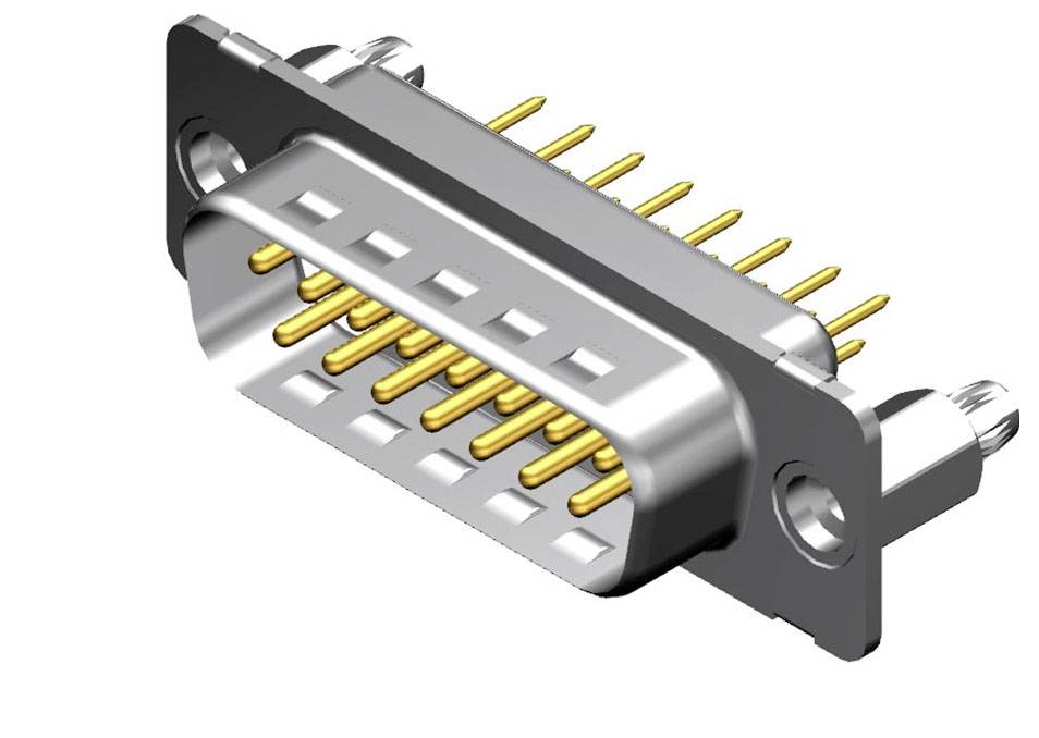 Abbildung eines D-Sub-Steckverbinders mit Metallrahmen und mehreren goldfarbenen Stiften, geeignet zur elektrischen Verbindung.