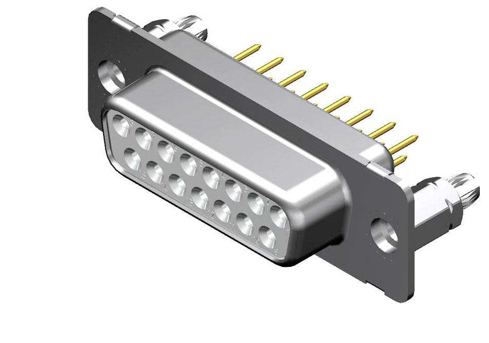 Ein D-Sub-Stecker mit zwei Reihen von Metallstiften, umgeben von einer Metallhülle. Häufig in elektronischen Geräten verwendet.