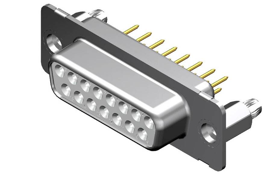 D-Sub-Stecker mit 15 Pins, oft für Videoverbindungen verwendet. Rechteckiges Metallgehäuse mit zwei Befestigungsschrauben.