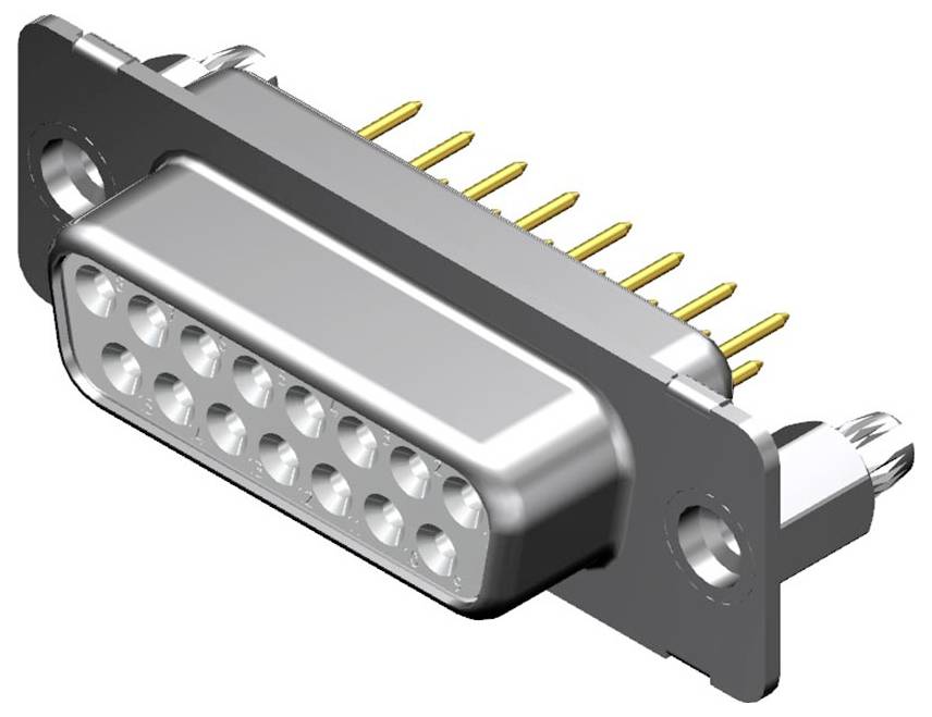 Ein D-Sub-Stecker mit neun runden Stiftkontakten und goldenen Anschlusspins, verwendet zur Verbindung von Geräten in der Elektronik.